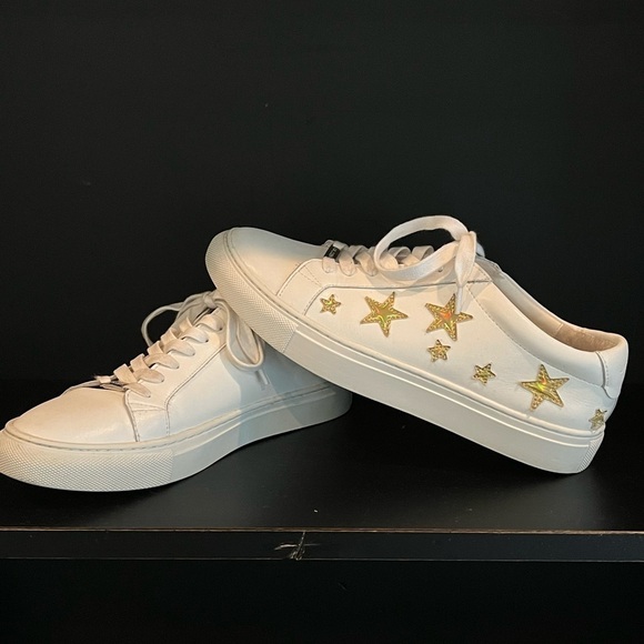 J/Slides NYC Womens Size 8.5 White Leather w Gold Stars - Picture 2 of 10